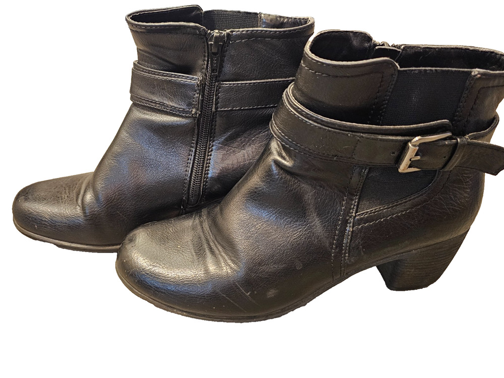 Croft & Barrow Womens 8.5 Ankle Boots Black Faux Leather Buckle Zip Booties